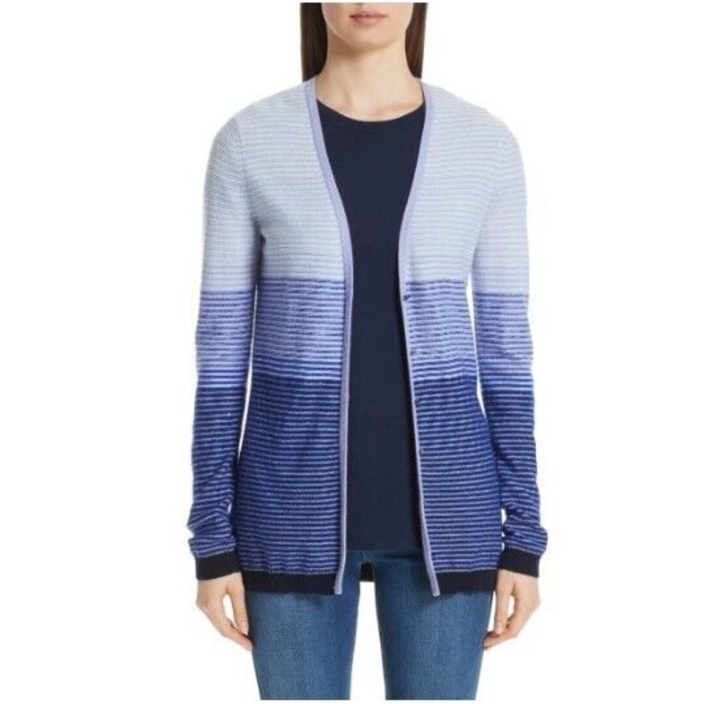 St. John Denim BlueOmbre Stripe Cashmere Cardigan Sweater L MSRP $699